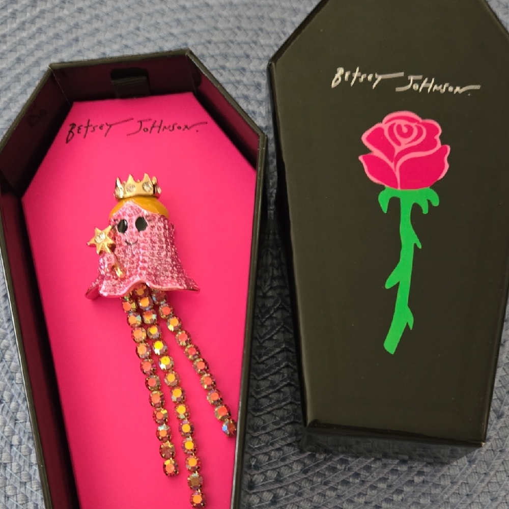 Betsey Johnson Pink and Gold Crowned Ghost Brooch